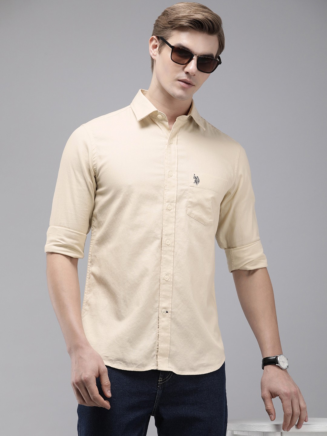 

U.S. Polo Assn. Pure Cotton Self Design Texture Tailored Fit Opaque Casual Shirt, Beige