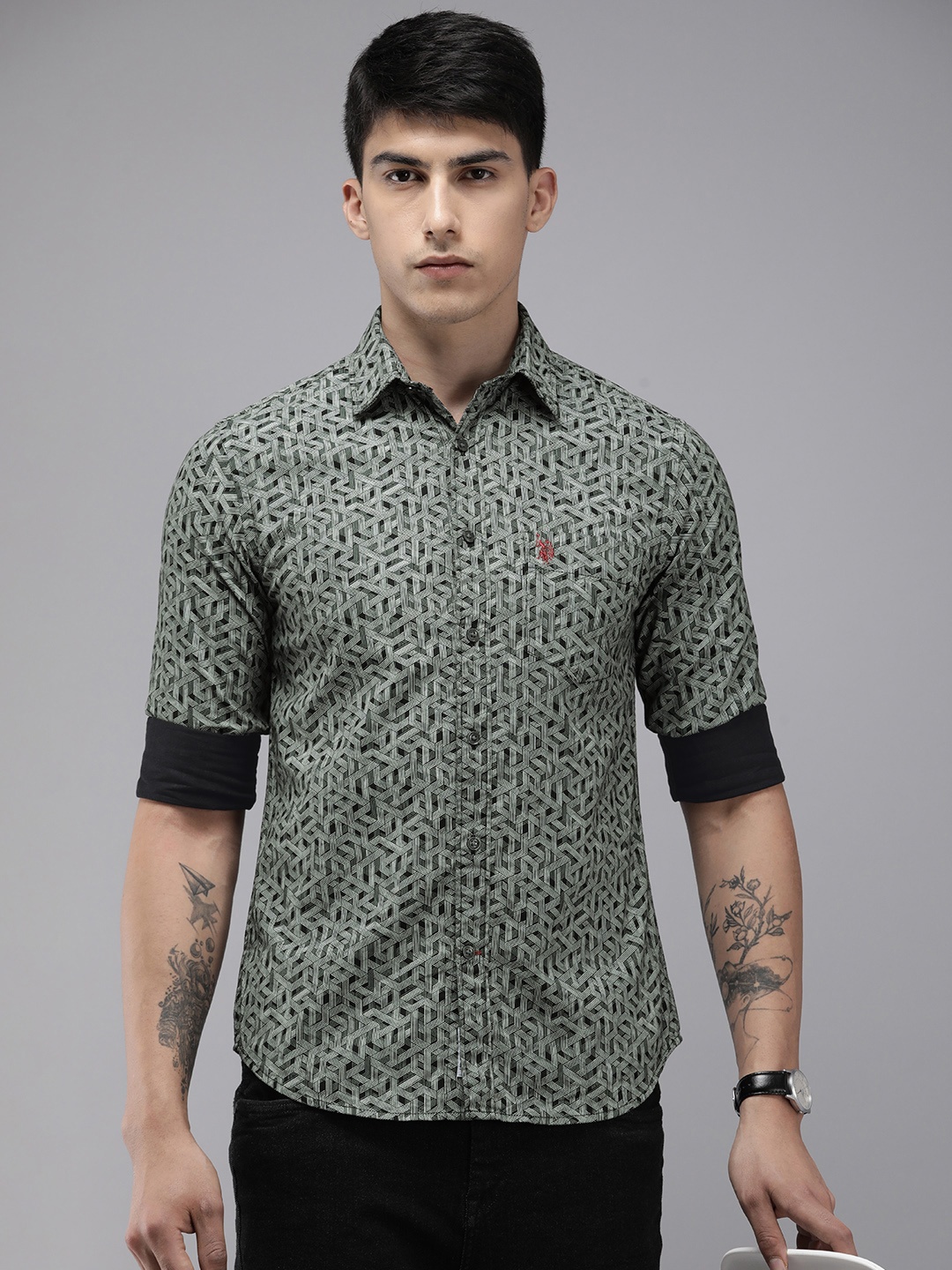 

U.S. Polo Assn. Tailored Fit Geometric Printed Pure Cotton Casual Shirt, Green