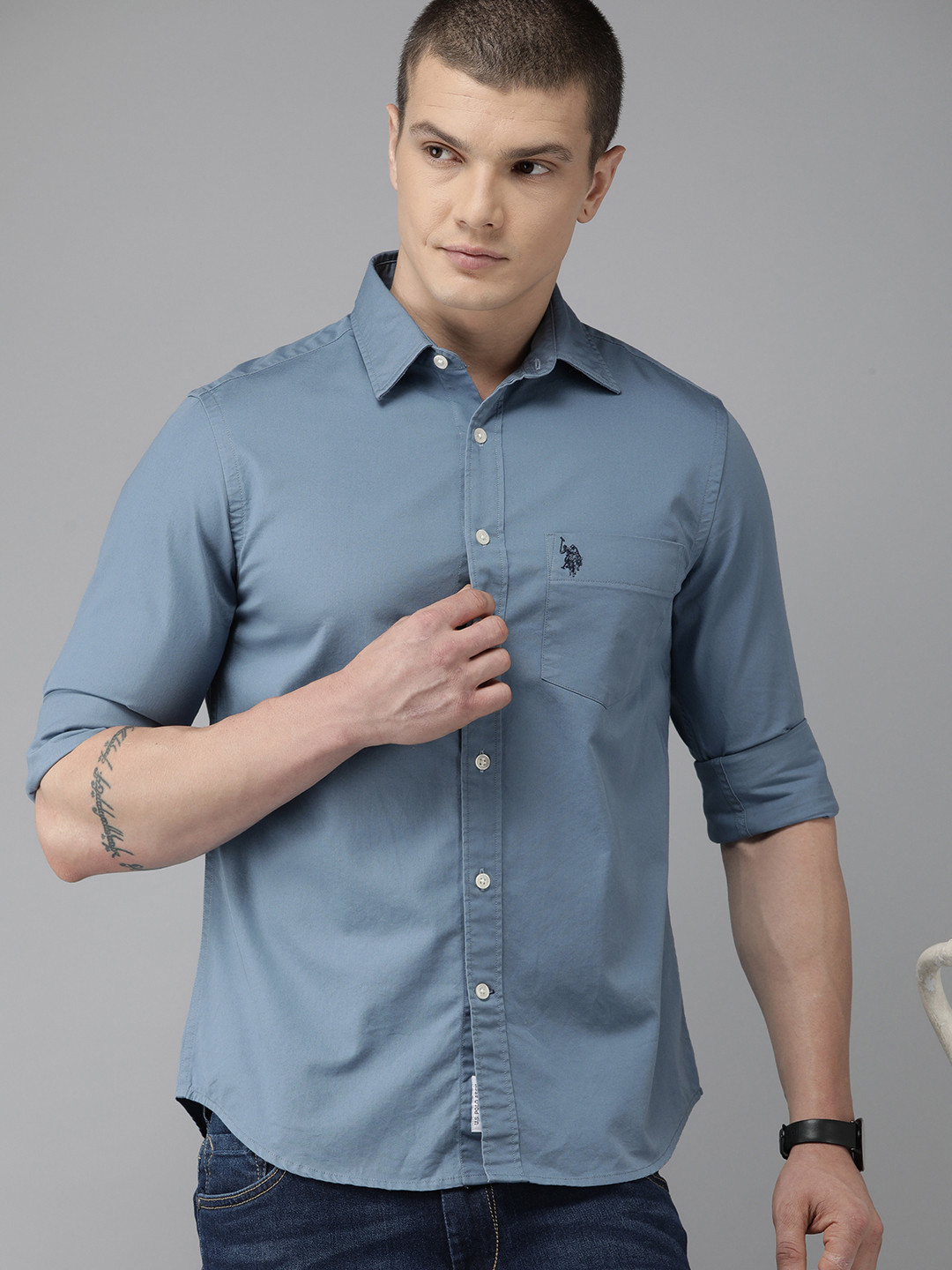 

U S Polo Assn Solid Tailored Fit Pure Cotton Casual Shirt, Blue