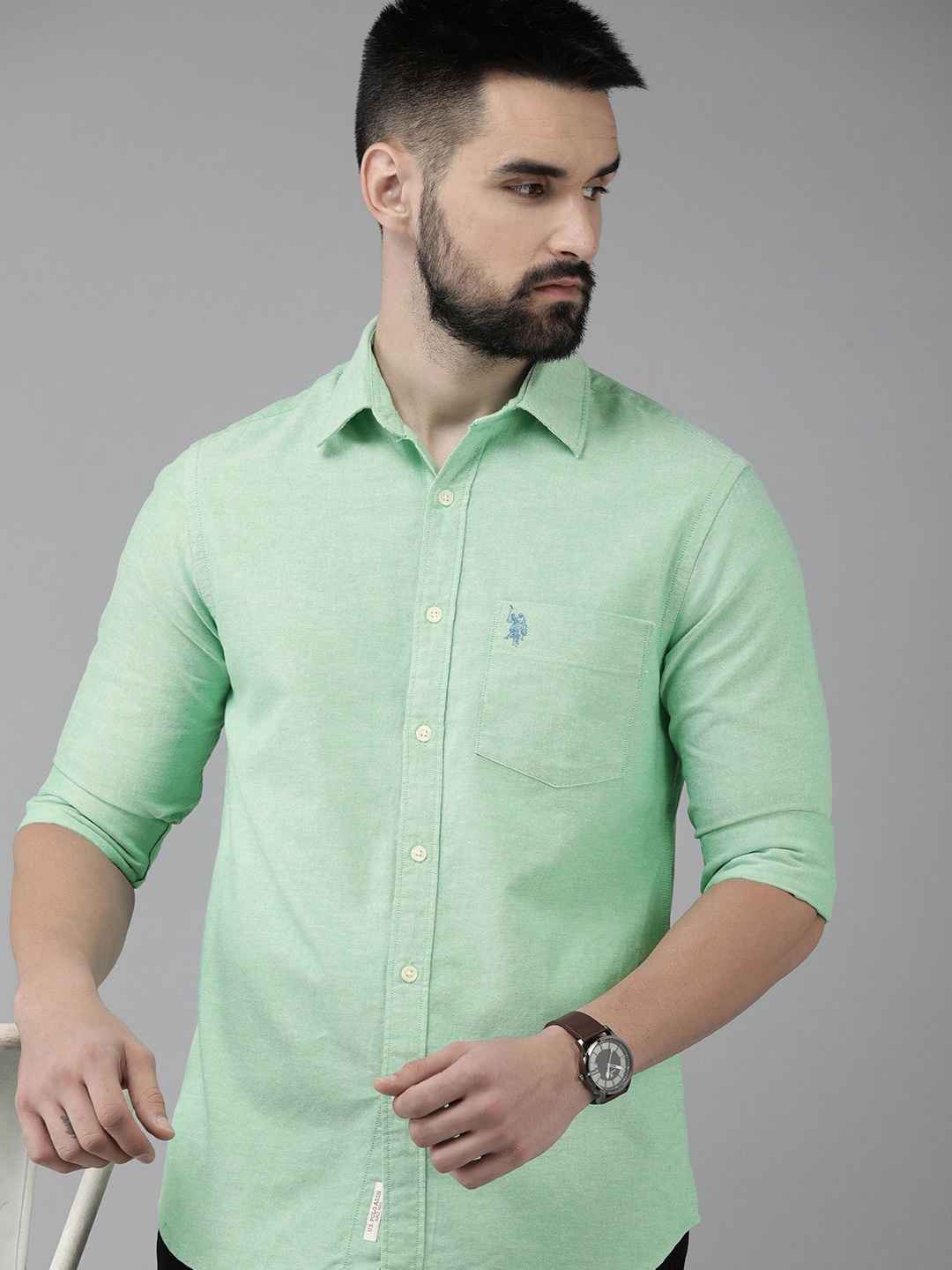 

U S Polo Assn Solid Tailored Fit Pure Cotton Casual Shirt, Green