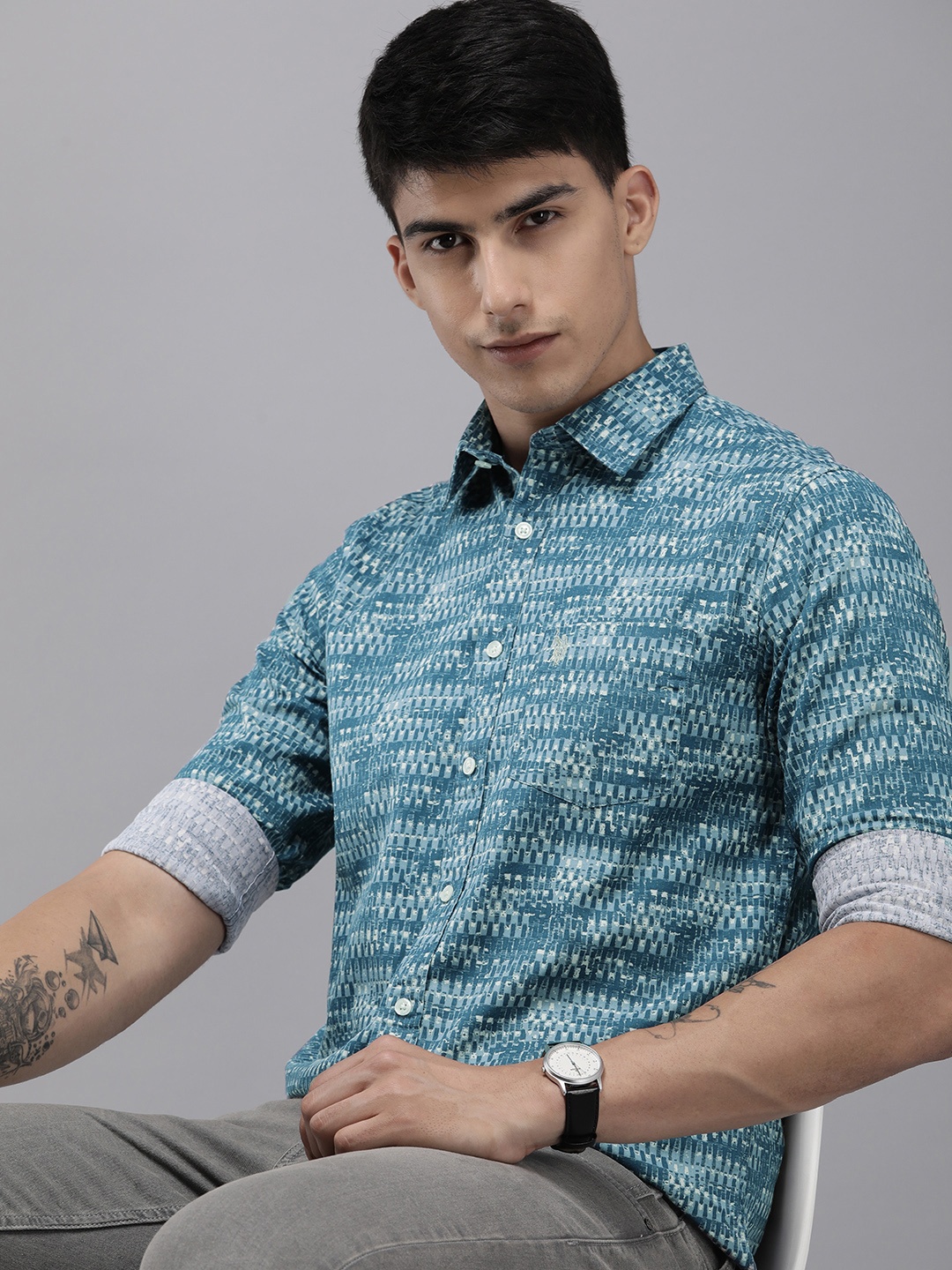 

U.S. Polo Assn. Tailored Fit Abstract Printed Pure Cotton Casual Shirt, Blue