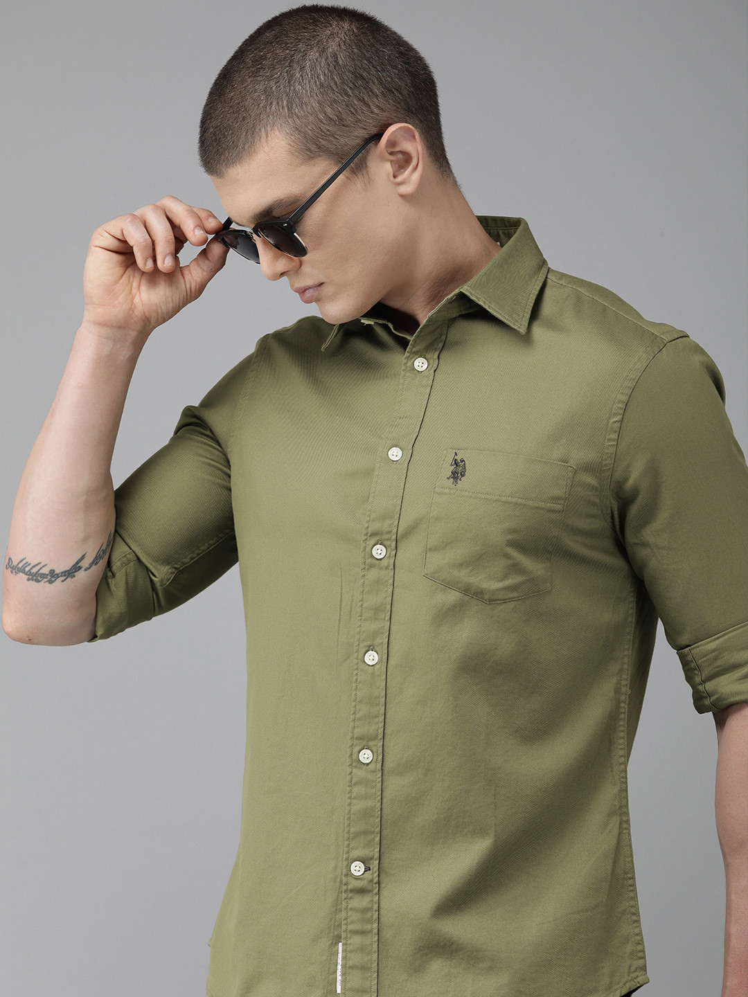 

U S Polo Assn Solid Tailored Fit Pure Cotton Casual Shirt, Olive