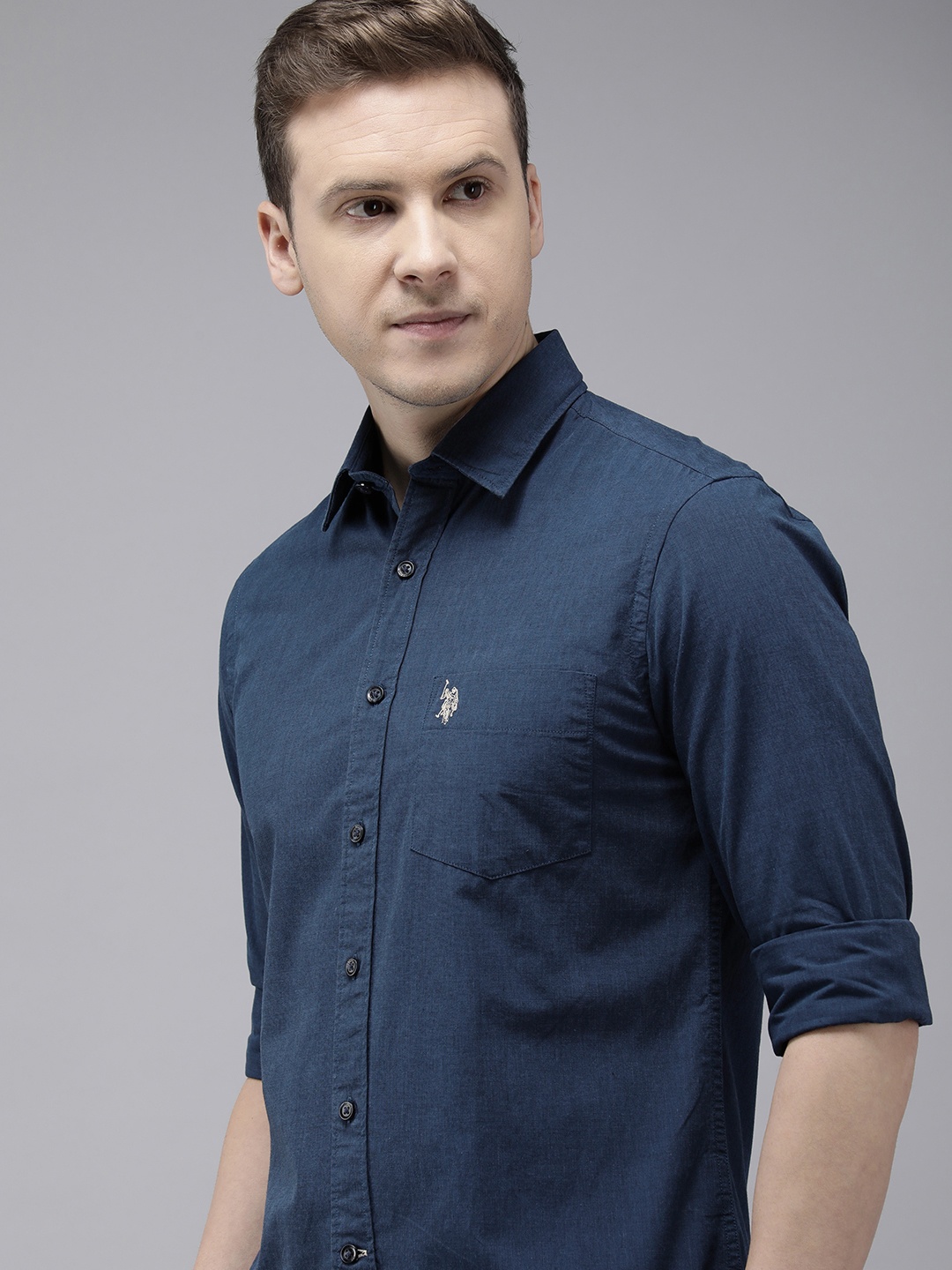 

U.S. Polo Assn. Solid Tailored Fit Pure Cotton Casual Shirt, Navy blue