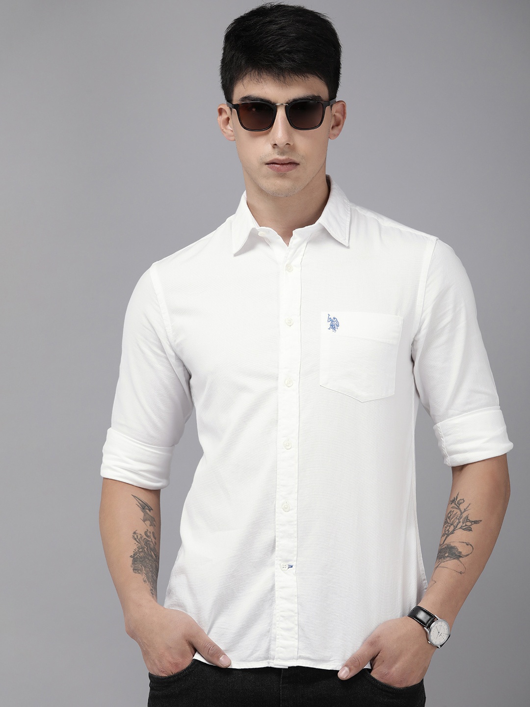 

U.S. Polo Assn. Pure Cotton Tailored Fit Self Design Textured Casual Shirt, White