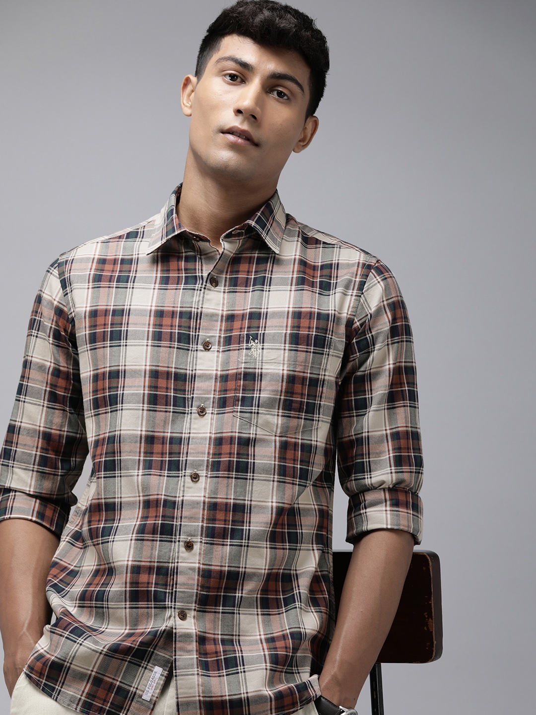 

U.S. Polo Assn. Tailored Fit Checked Pure Cotton Casual Shirt, Beige