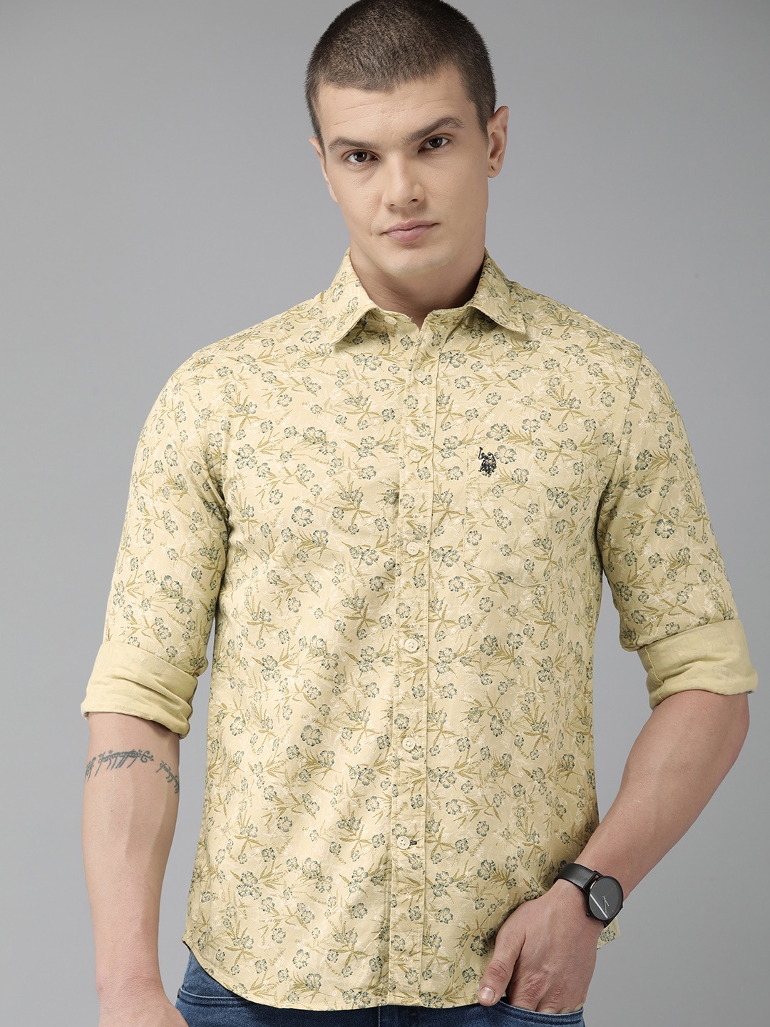 

U S Polo Assn Tailored Fit Floral Printed Pure Cotton Casual Shirt, Beige