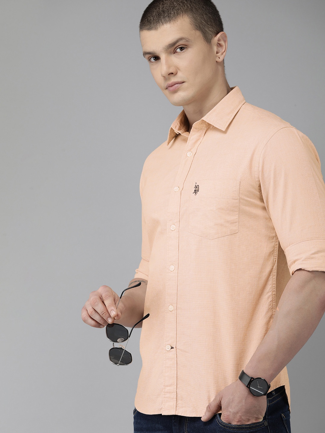 

U S Polo Assn Solid Tailored Fit Pure Cotton Casual Shirt, Beige