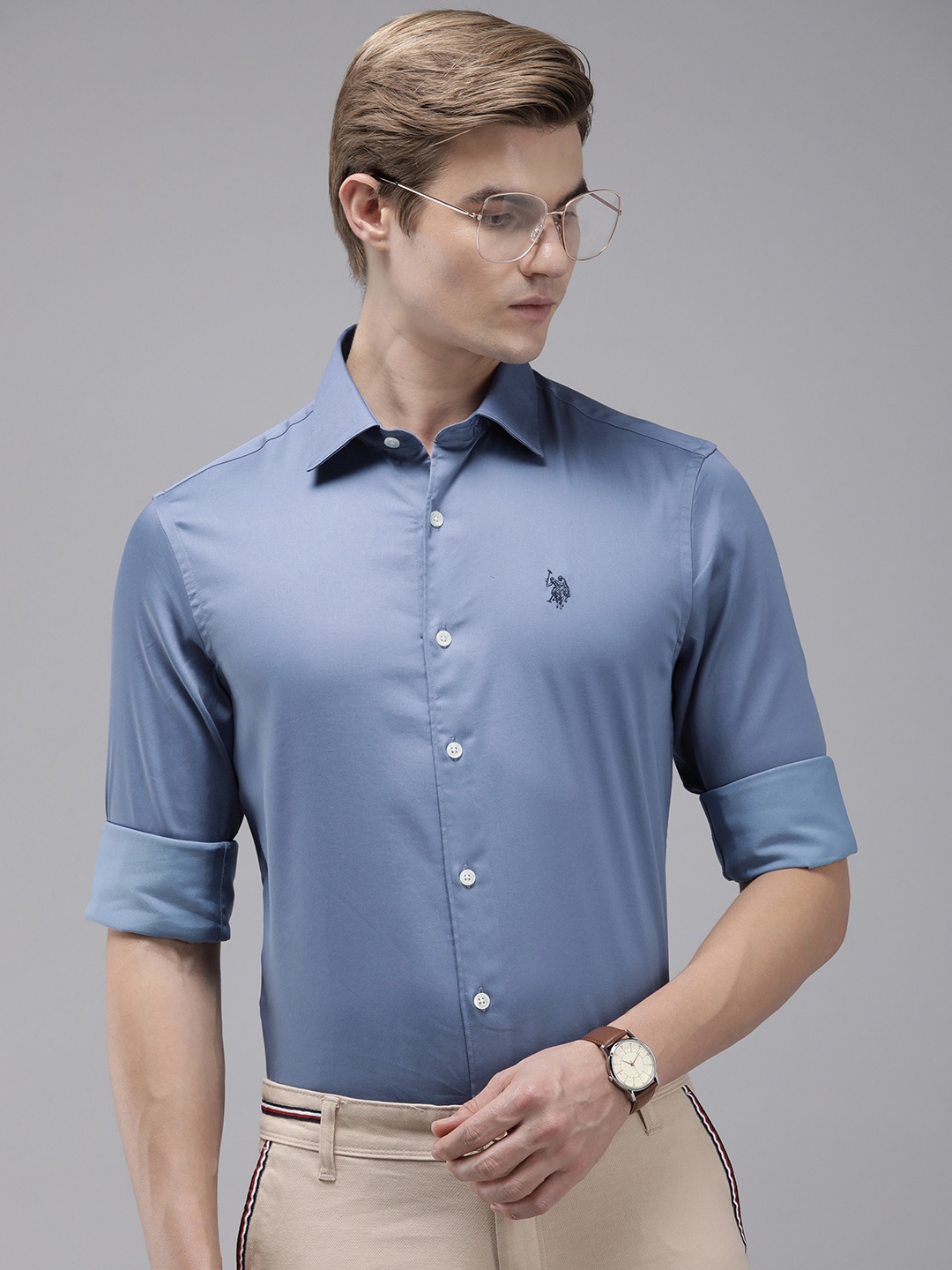 

U.S. Polo Assn. Tailored Fit Solid Semi Formal Shirt, Blue