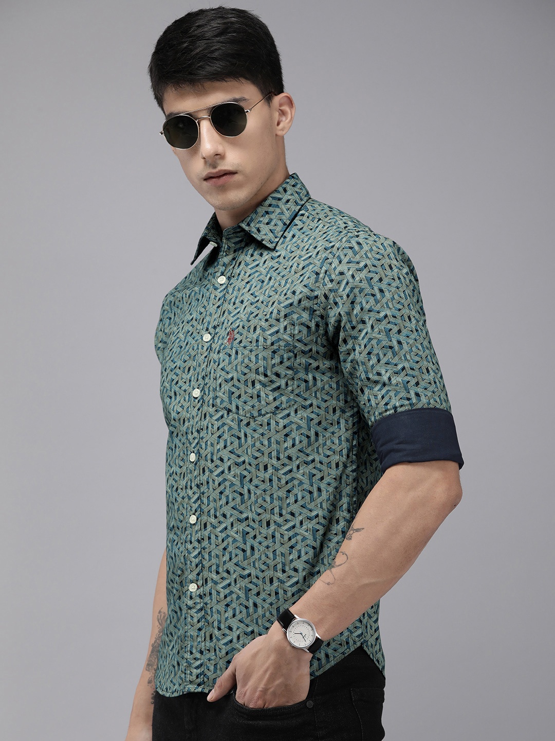 

U.S. Polo Assn. Geometric Printed Tailored Fit Pure Cotton Casual Shirt, Green