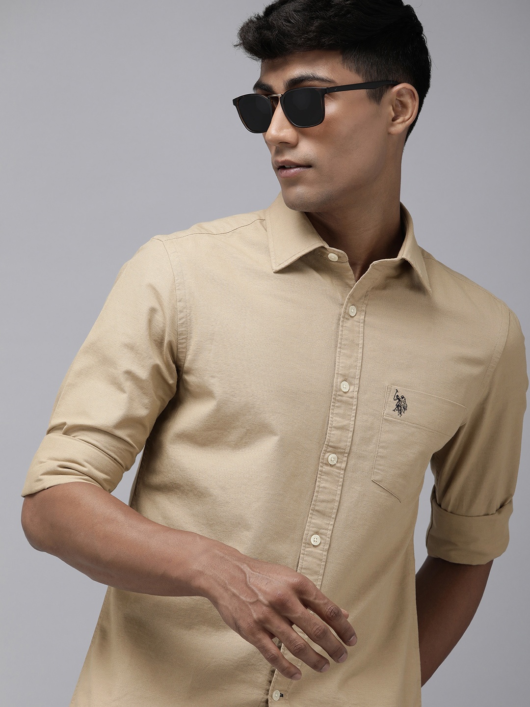 

U.S. Polo Assn. Solid Tailored Fit Pure Cotton Casual Shirt, Beige