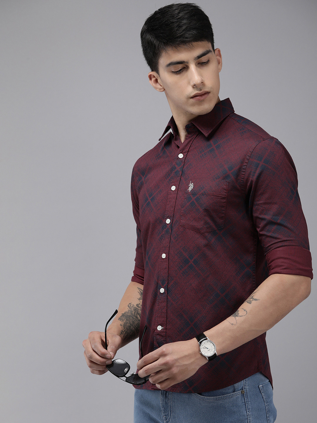 

U.S. Polo Assn. Tailored Fit Geometric Printed Pure Cotton Casual Shirt, Maroon