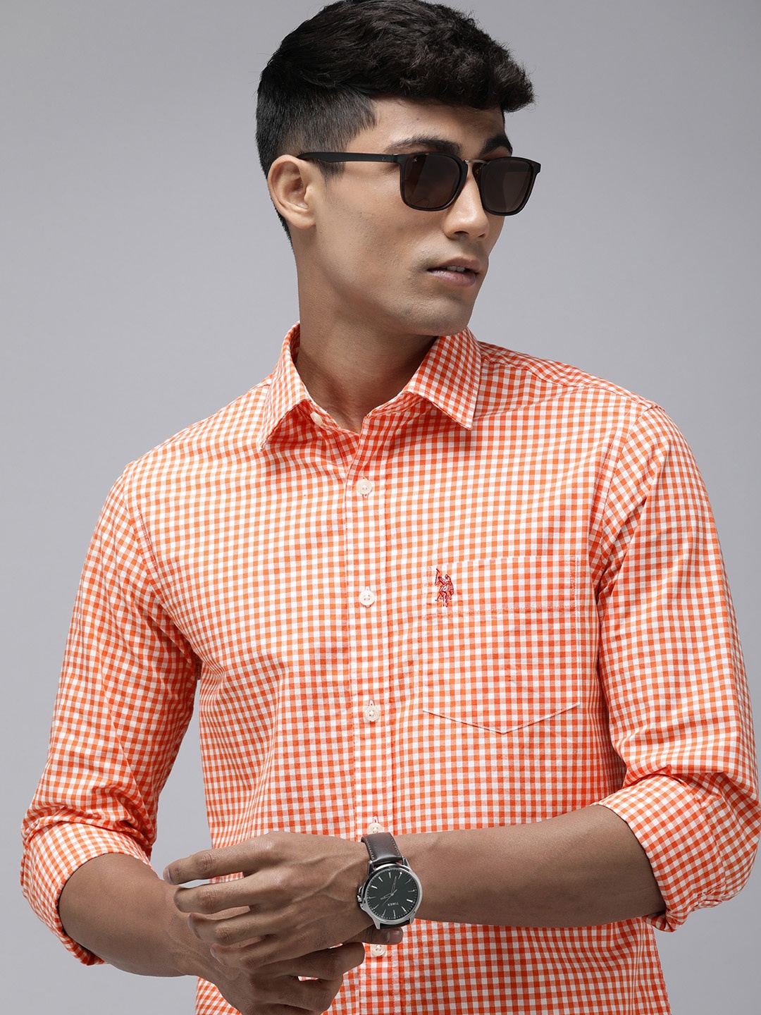 

U.S. Polo Assn. Tailored Fit Gingham Checks Pure Cotton Casual Shirt, Orange