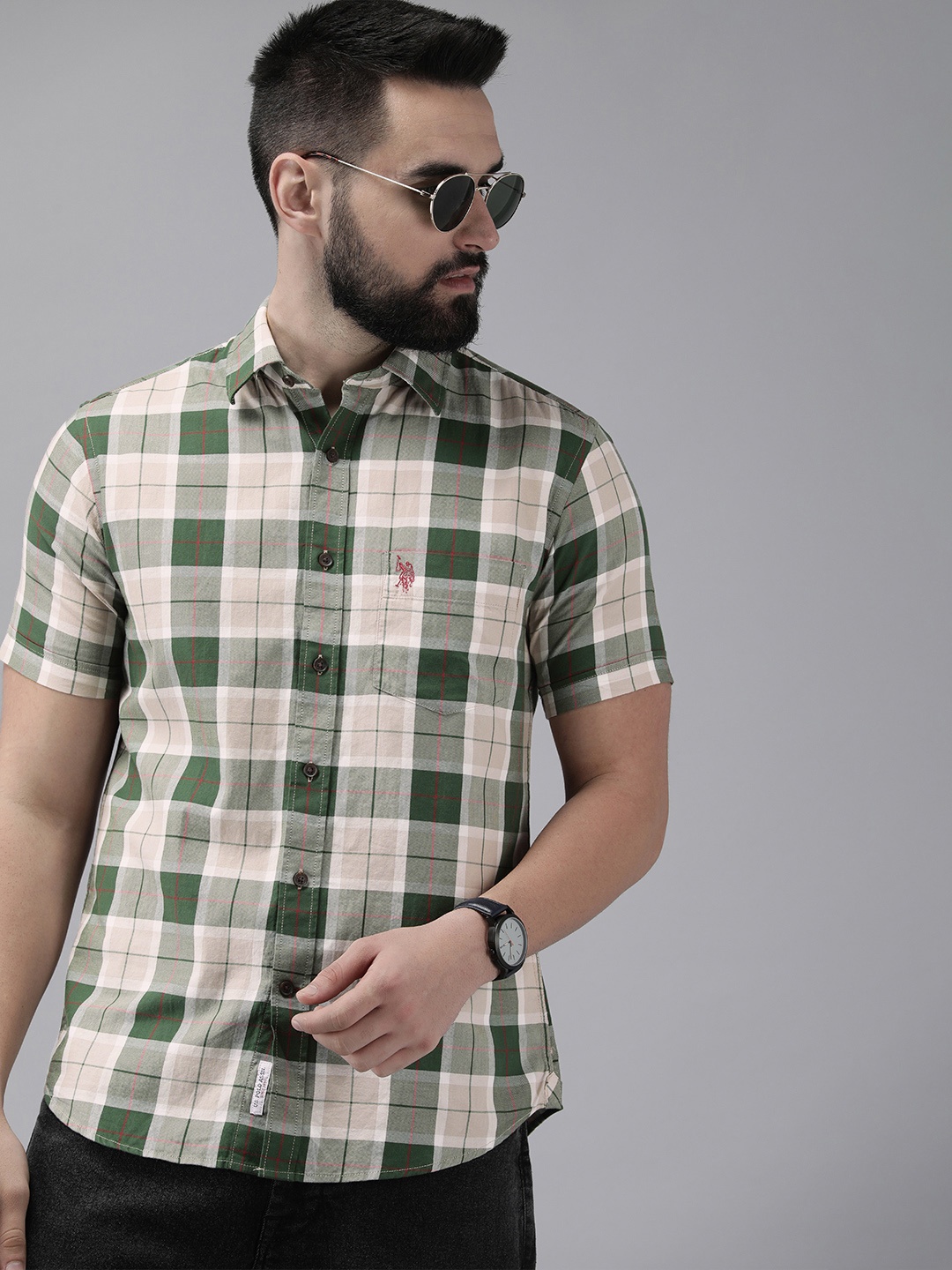 

U.S. Polo Assn. Tailored Fit Checked Pure Cotton Casual Shirt, Olive