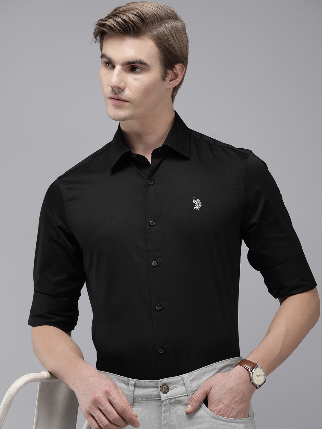 

U.S. Polo Assn. Pure Cotton Tailored Fit Solid Semi Formal Shirt, Black
