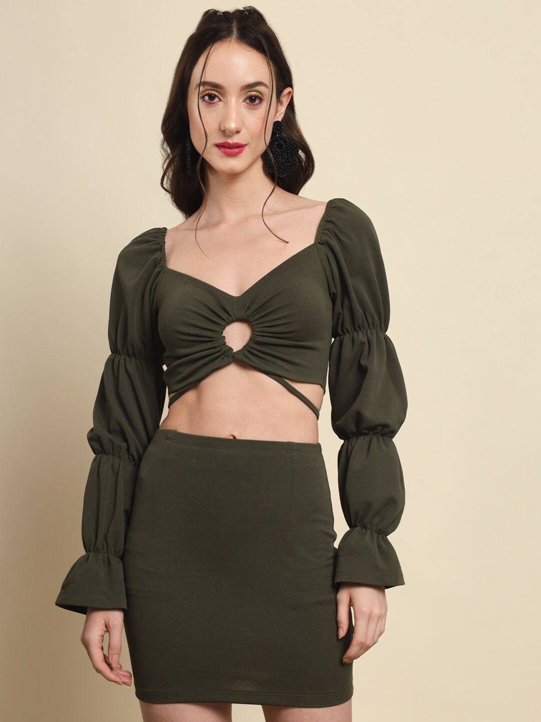 

BAESD Puff Sleeves Crop Top & Skirt Co-Ords, Olive