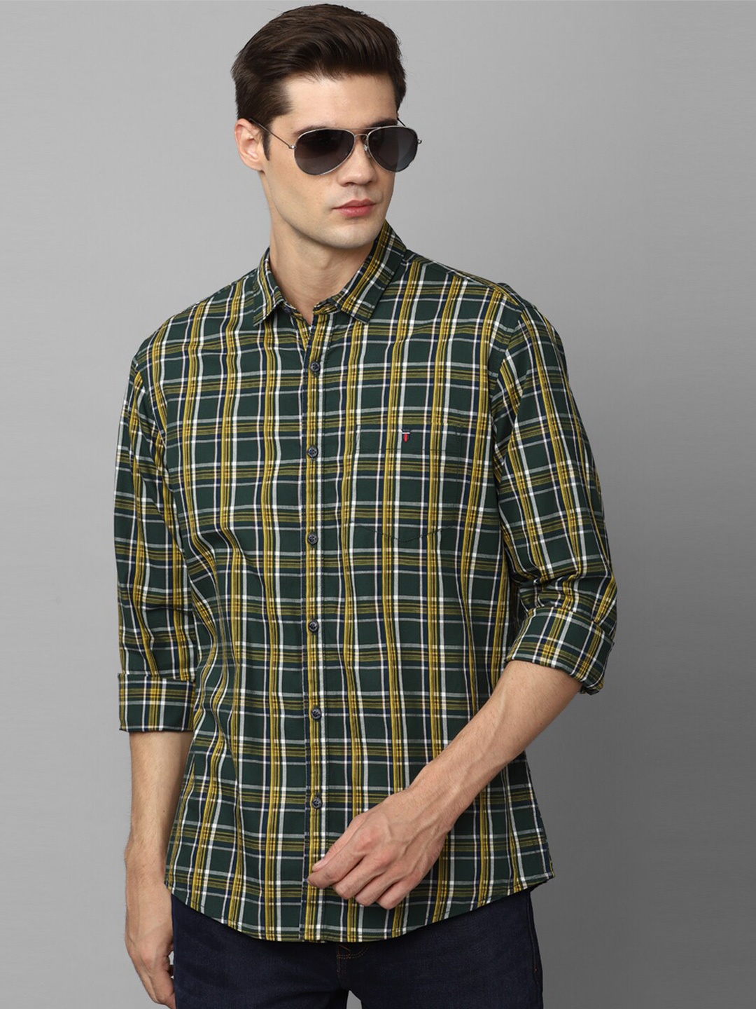 

Louis Philippe Jeans Checked Printed Slim Fit Cotton Casual Shirt, Green