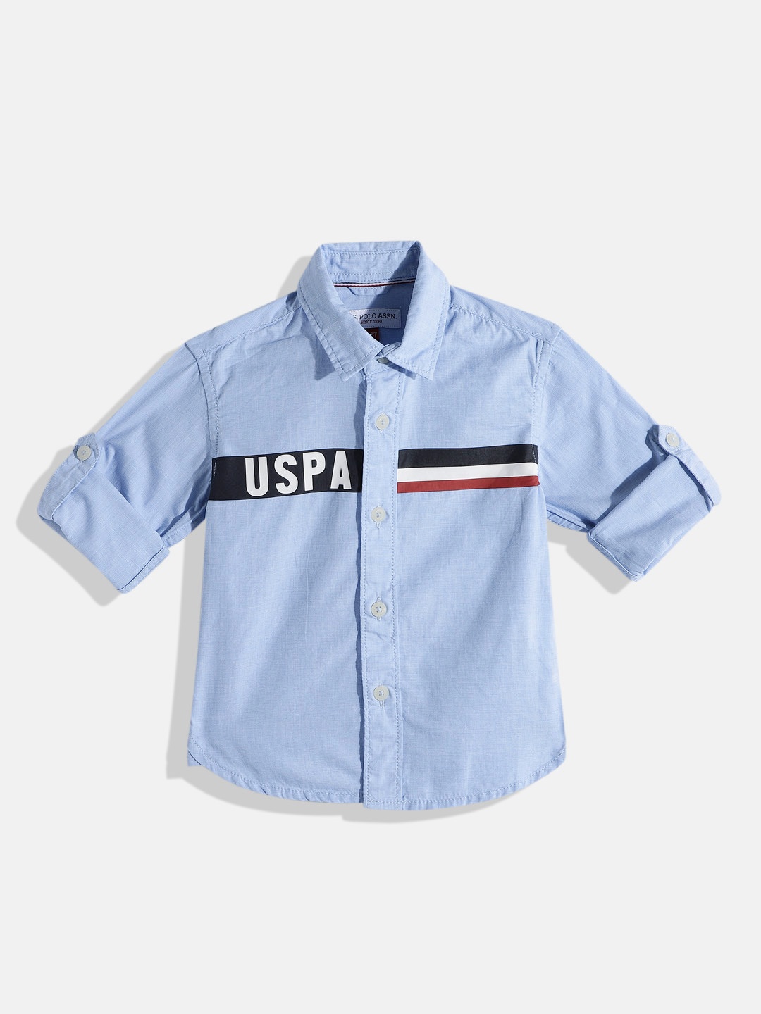 

U.S. Polo Assn. Kids Boys Horizontal Stripes & Brand Logo Print Opaque Pure Cotton Shirt, Blue