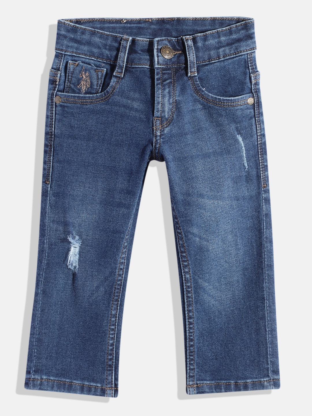 

U.S. Polo Assn. Kids Boys Relaxed Fit Mid-Rise Low Distress Light Fade Stretchable Jeans, Blue