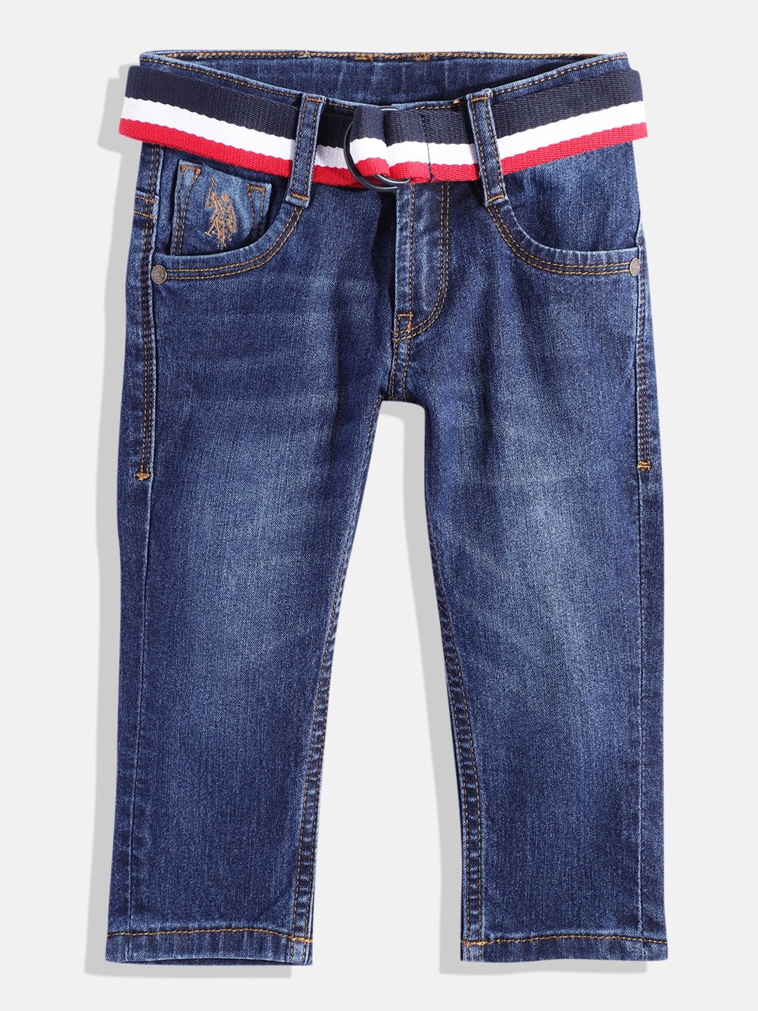 

U.S. Polo Assn. Kids Boys Slim Fit Mid-Rise Light Fade Stretchable Jeans With Belt, Blue