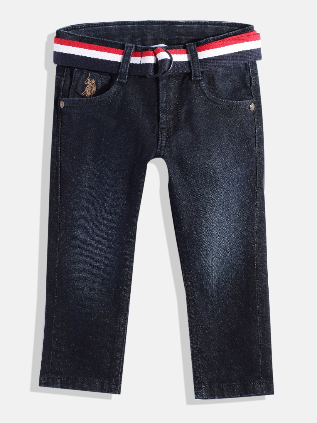 

U.S. Polo Assn. Kids Boys Slim Fit Mid-Rise Light Fade Stretchable Jeans With Belt, Blue