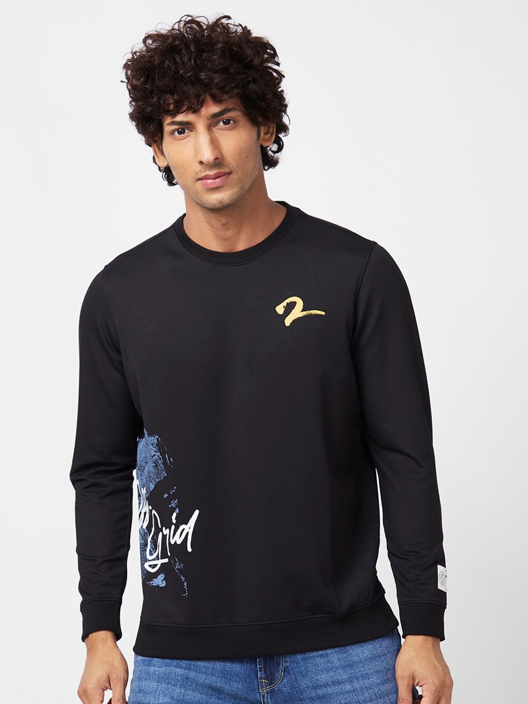 

SPYKAR Graphic Printed Cotton Pullover Sweatshirt, Black