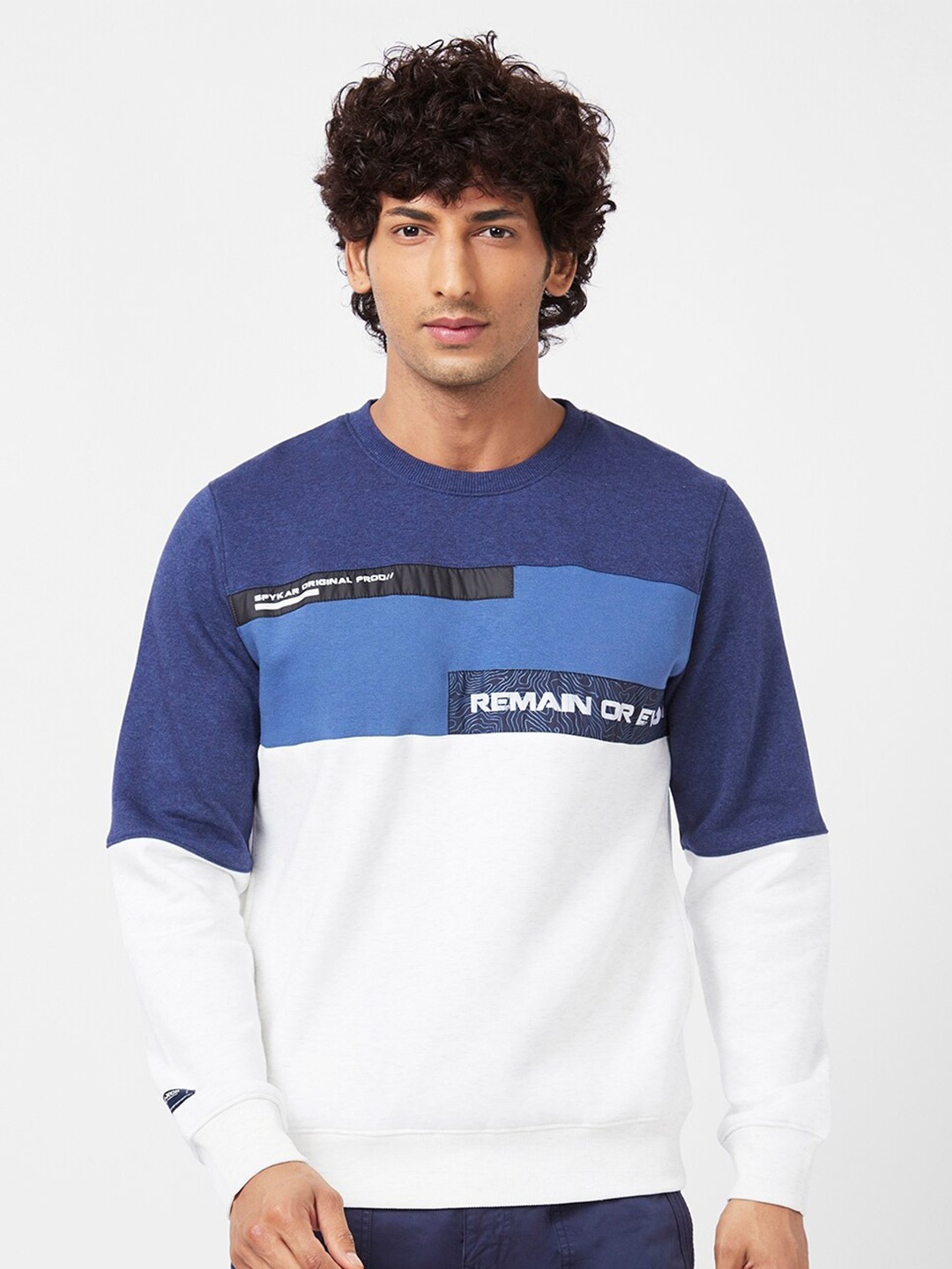 

SPYKAR Colourblocked Cotton Pullover Sweatshirt, Blue