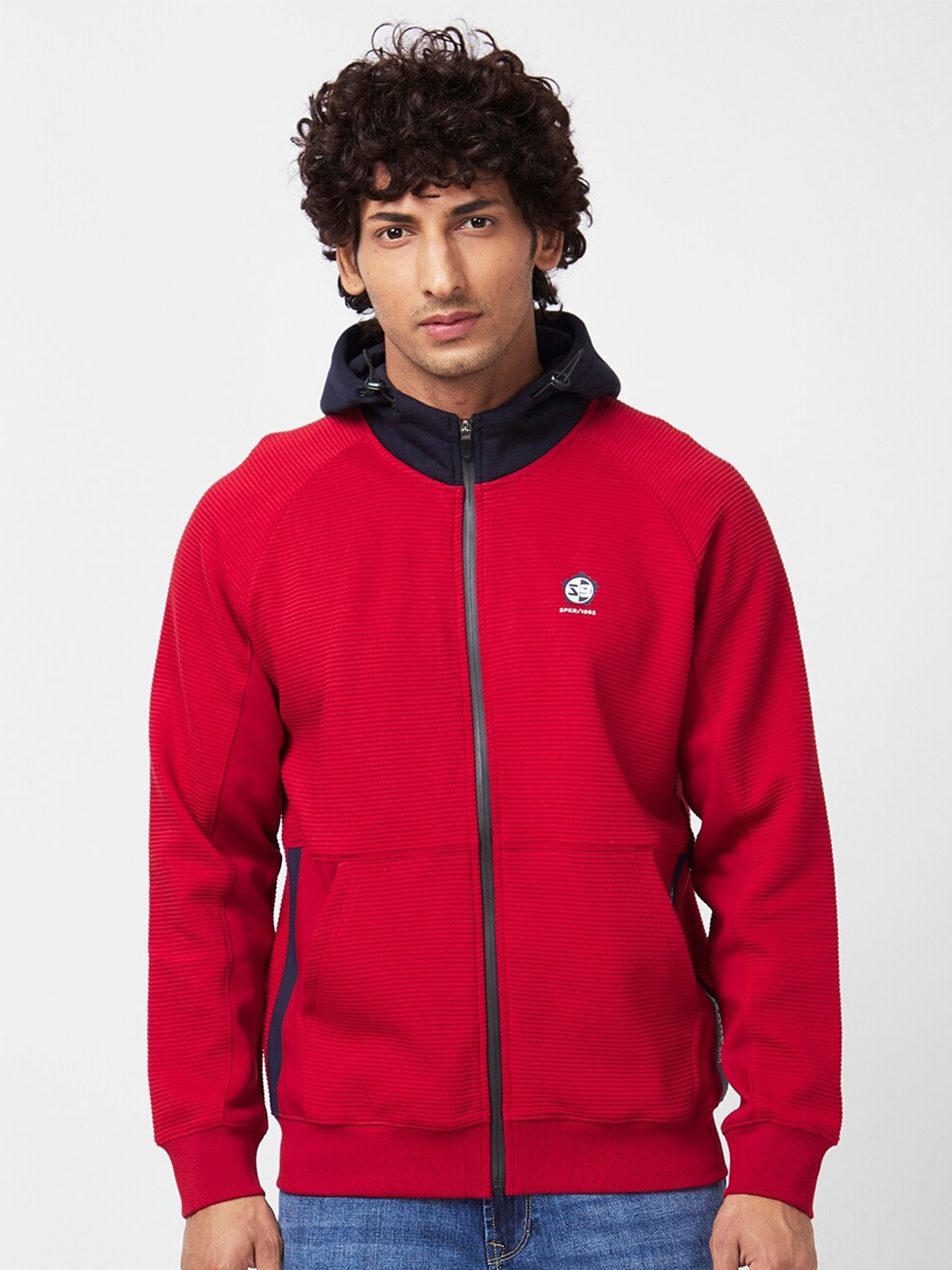 

SPYKAR Cotton Hooded Front-Open Sweatshirt, Red