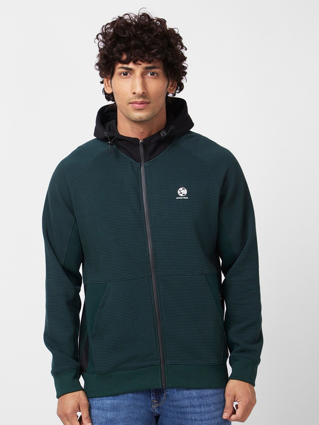 

SPYKAR Striped Hooded Full Sleeves Regular Fit Cotton Sweatshirt, Green