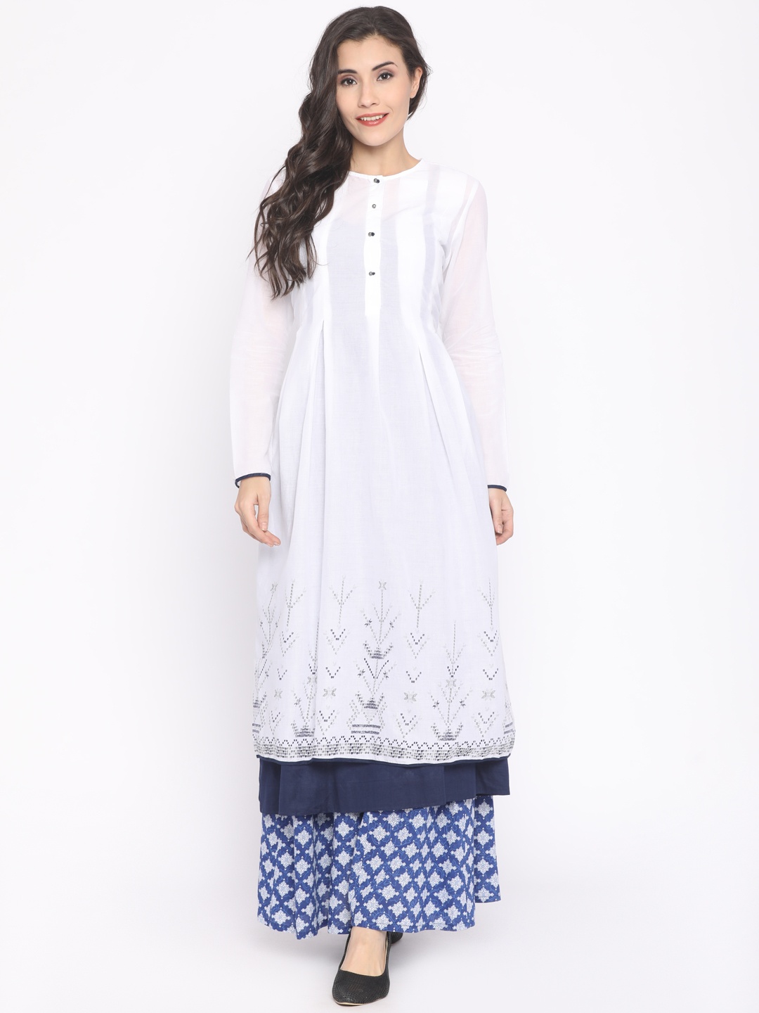 

Global Desi Women White Solid A-Line Kurta