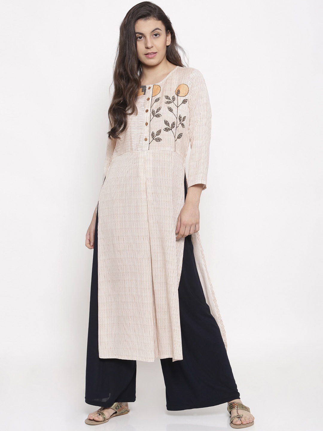 

Global Desi Women Beige & Brown Striped Straight Kurta