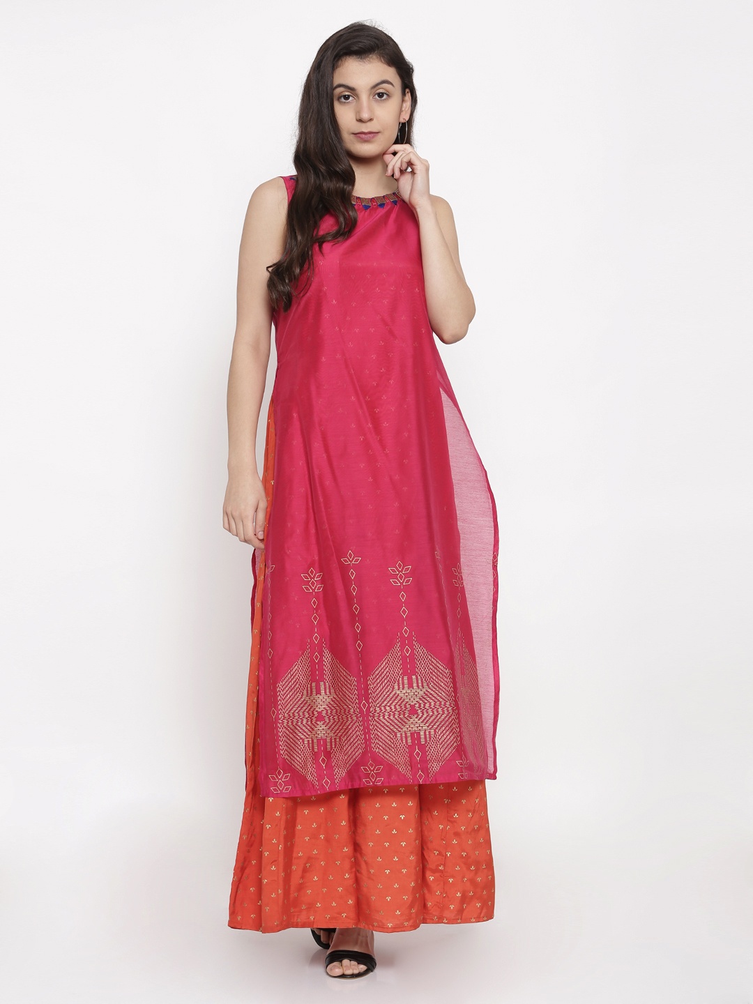 

Global Desi Women Pink & Orange Printed A-Line Kurta