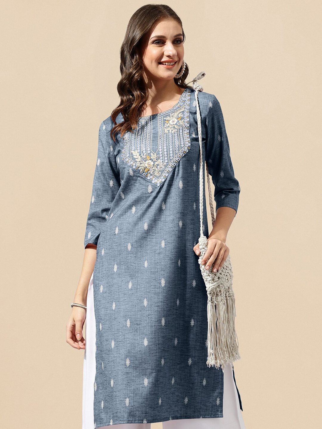 

KALINI Geometric Printed Thread Work A-Line Kurta, Blue