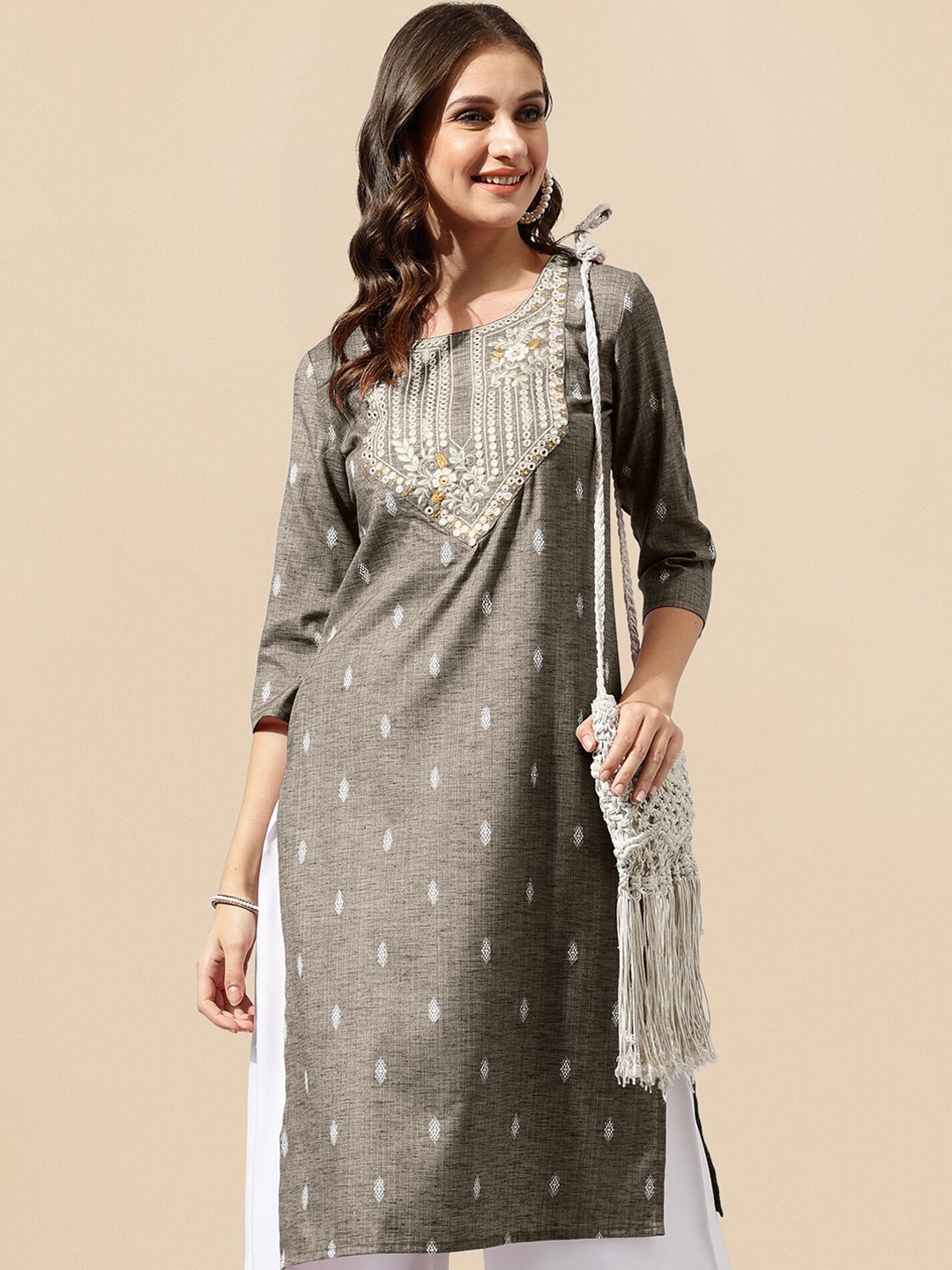 

KALINI Geometric Printed Thread Work A-Line Kurta, Brown