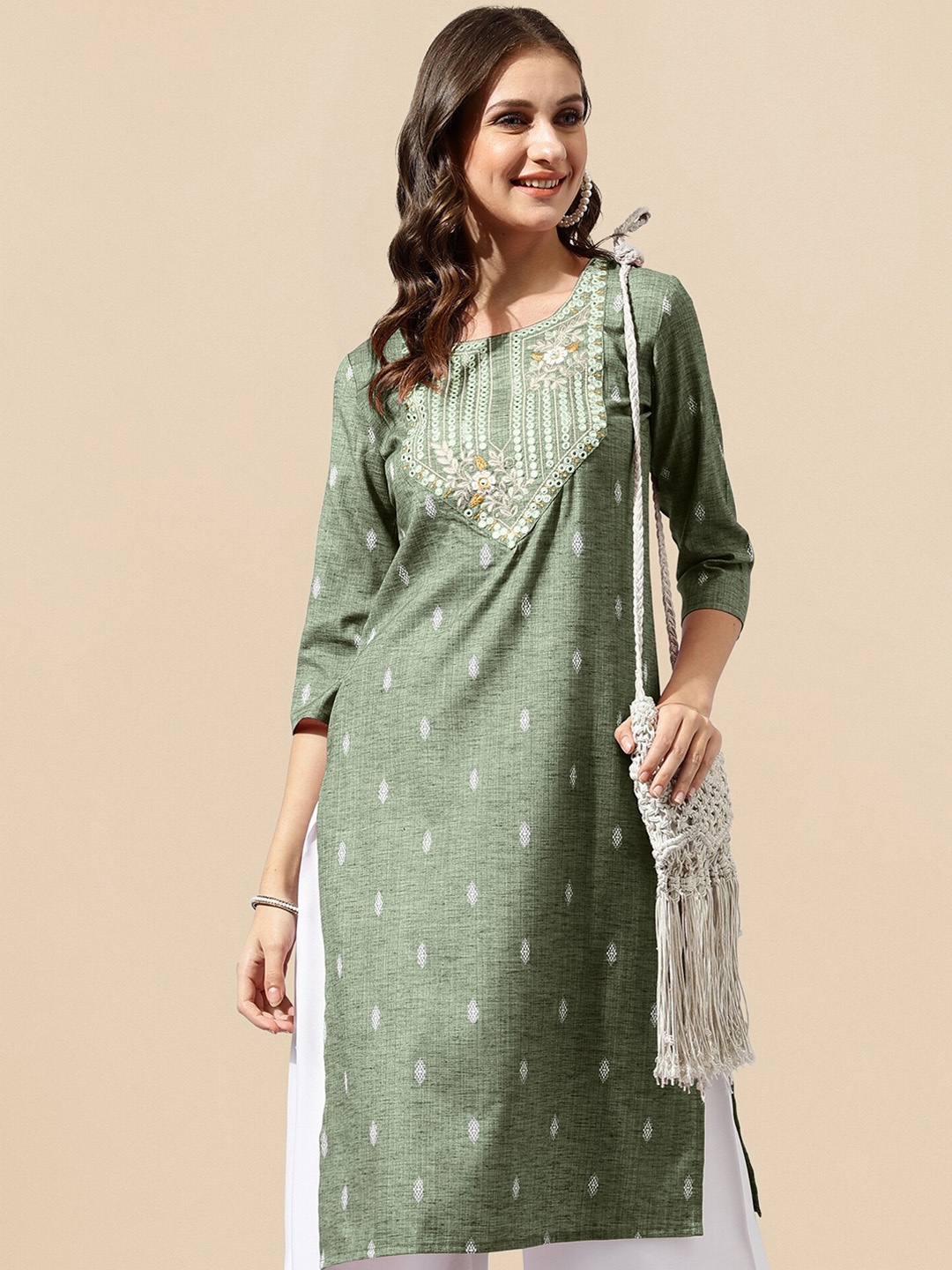 

KALINI Geometric Printed Thread Work A-Line Kurta, Olive