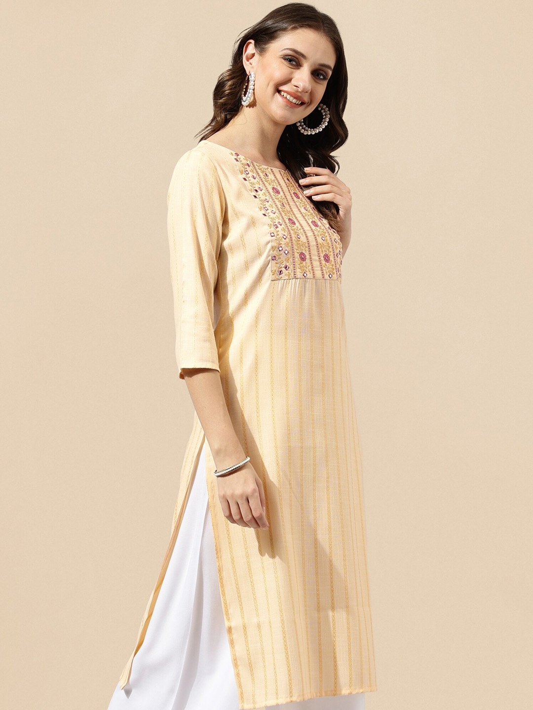 

KALINI Embroidered Mirror Work Pastels Kurta, Peach