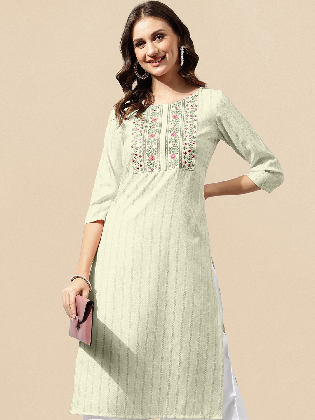 

KALINI Striped Thread Work Kurta, Green