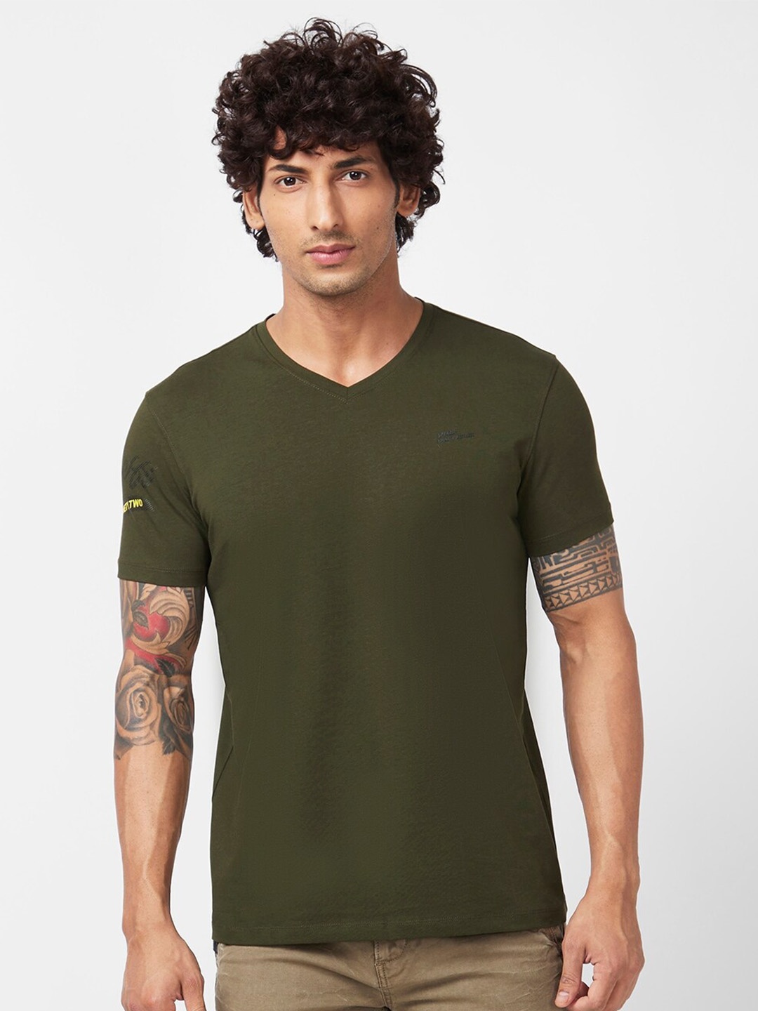 

SPYKAR V-Neck Slim Fit Cotton T-shirt, Green