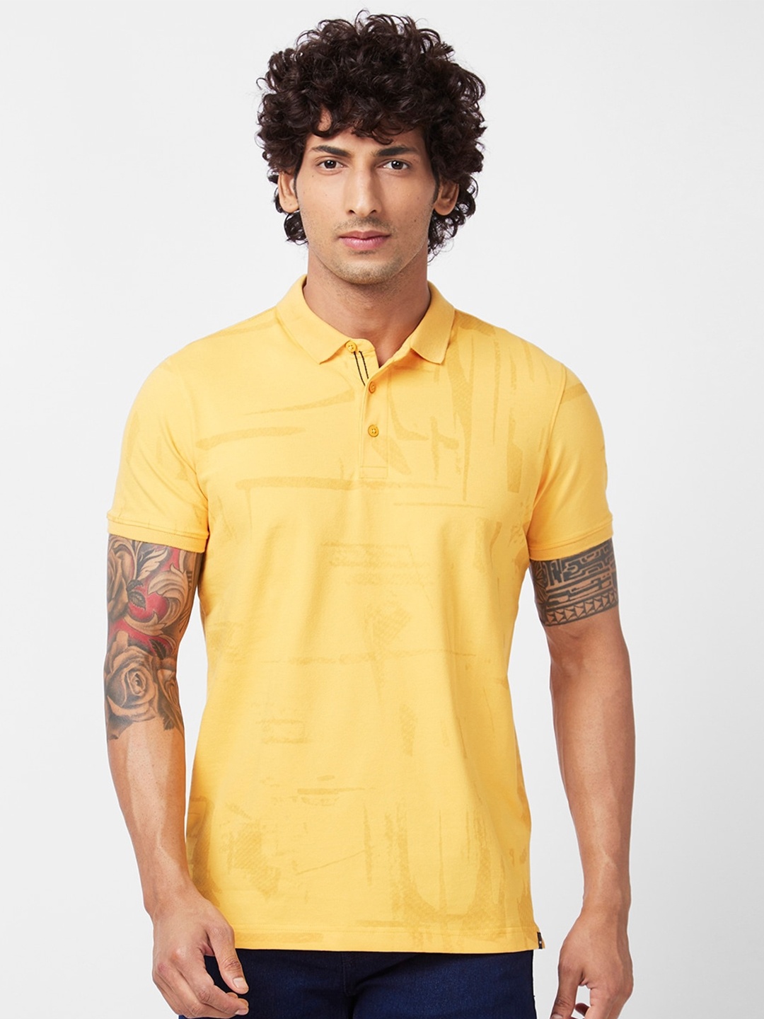 

SPYKAR Abstract Printed Polo Collar Slim Fit Cotton T-shirt, Yellow