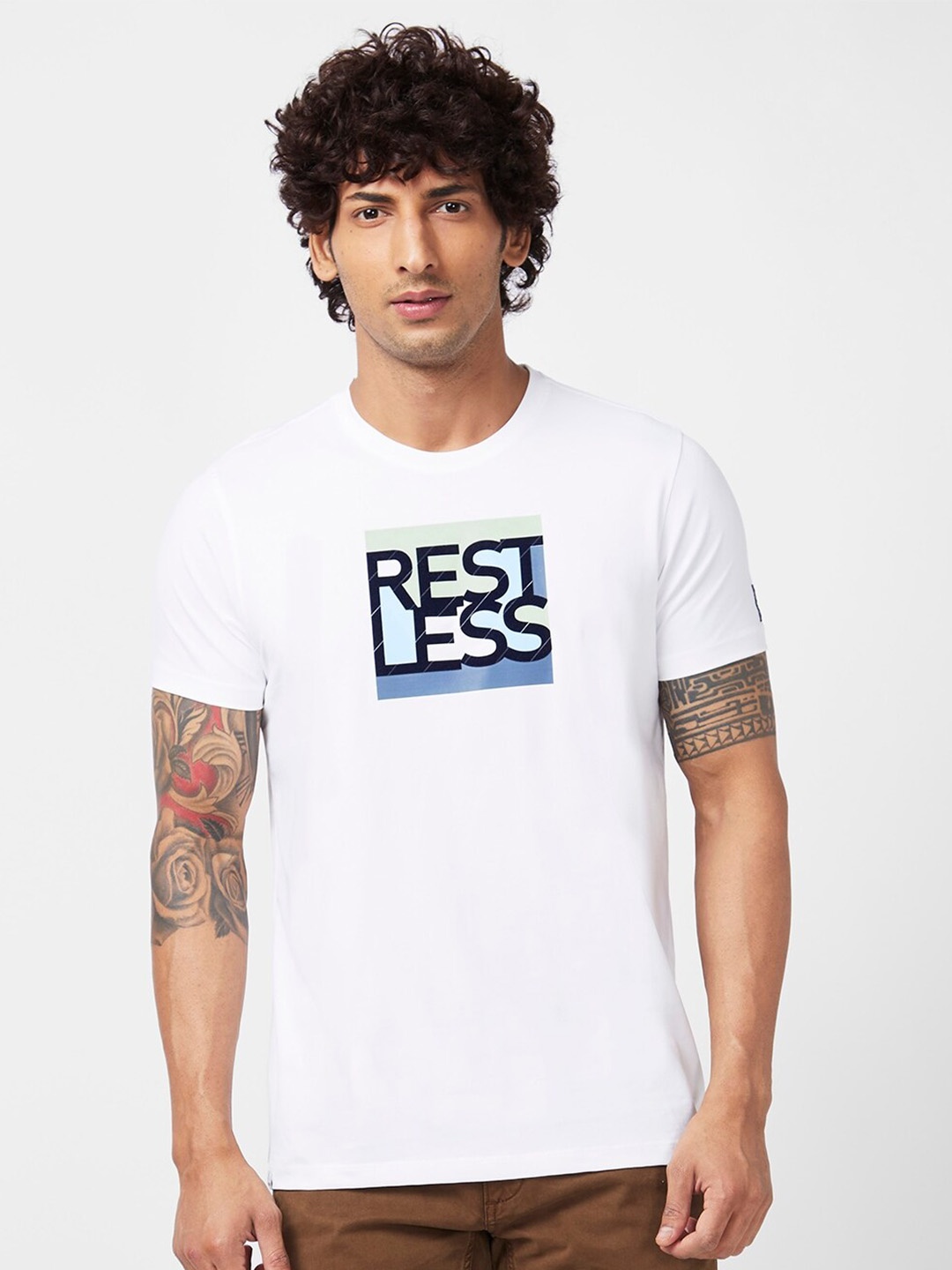 SPYKAR Typography Printed Slim Fit Cotton T-shirt, White
