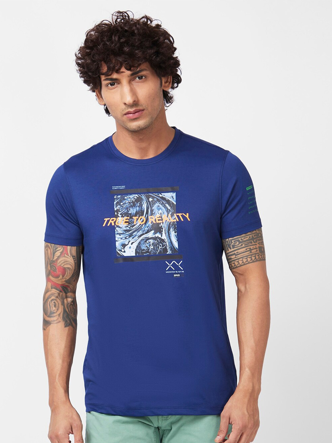 

SPYKAR Graphic Printed Slim Fit Cotton T-shirt, Blue