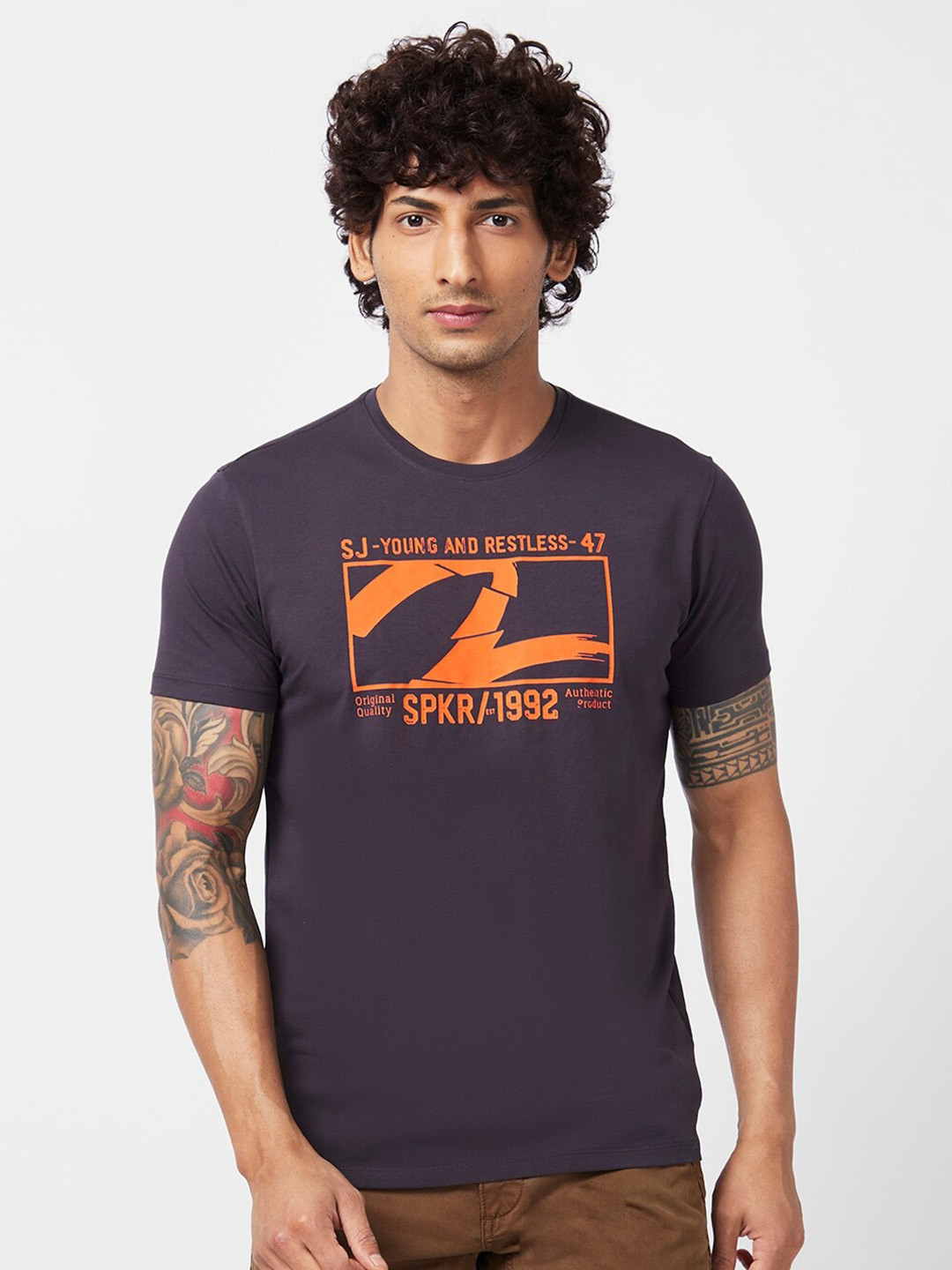 

SPYKAR Typography Printed Slim Fit Cotton T-shirt, Grey