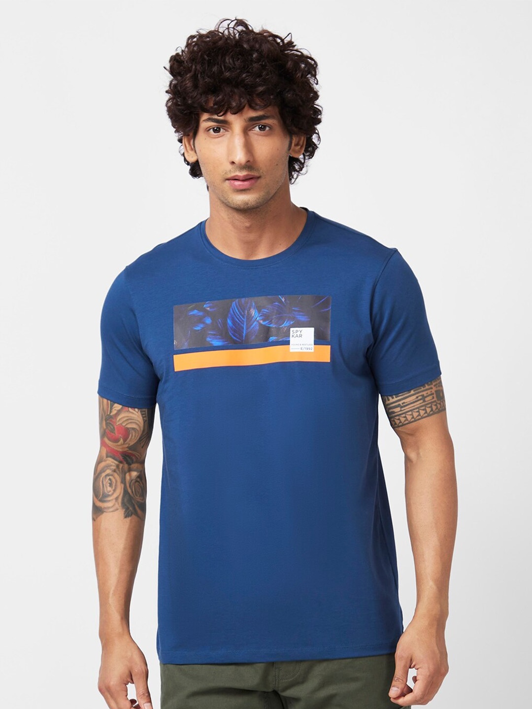 

SPYKAR Graphic Printed Slim Fit Cotton T-shirt, Blue