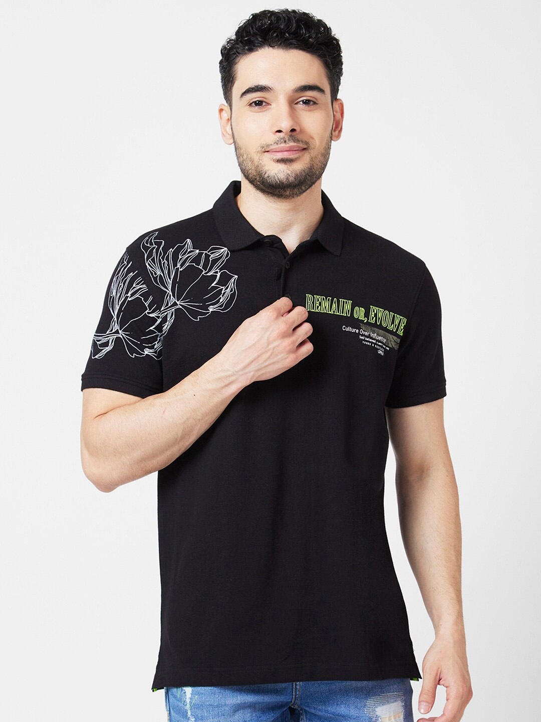 

SPYKAR Graphic Printed Polo Collar Slim Fit Cotton T-shirt, Black