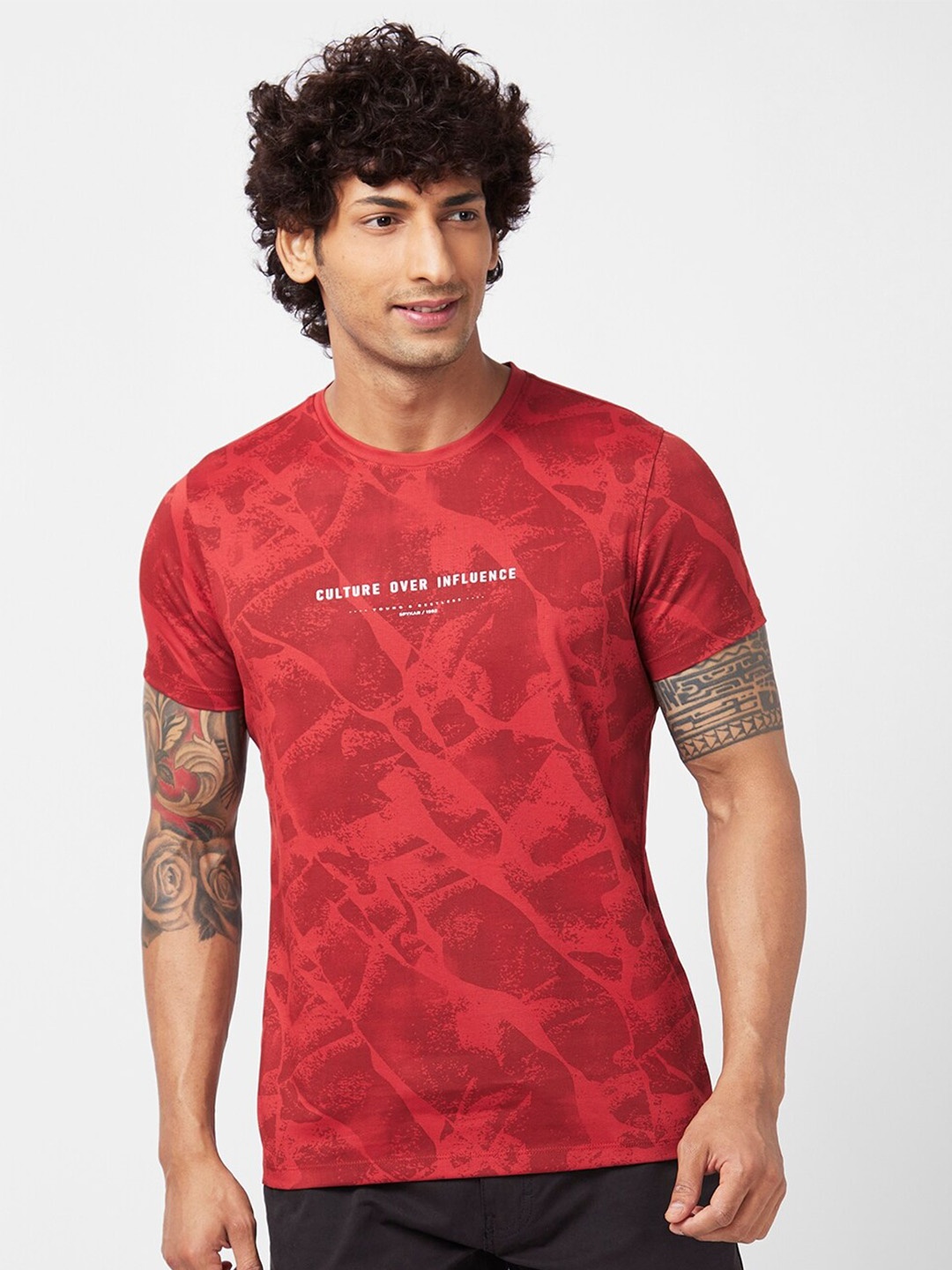 

SPYKAR Abstract Printed Slim Fit Cotton T-Shirt, Orange