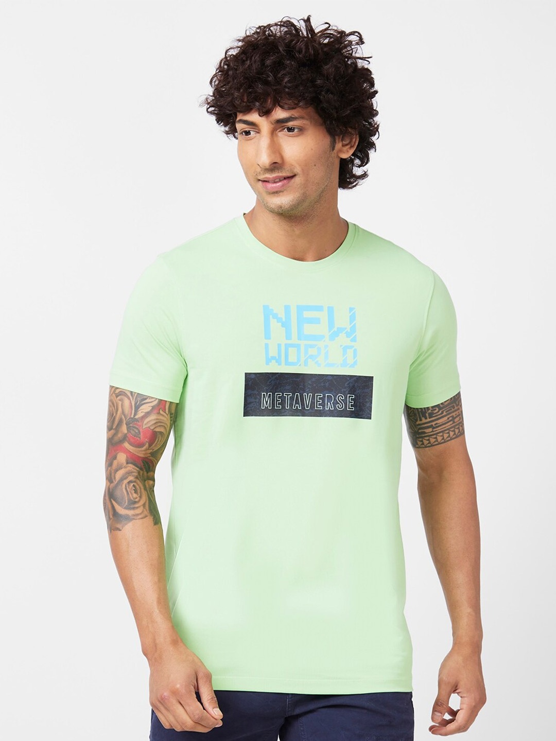 

SPYKAR Typography Printed Slim Fit Cotton T-Shirt, Green