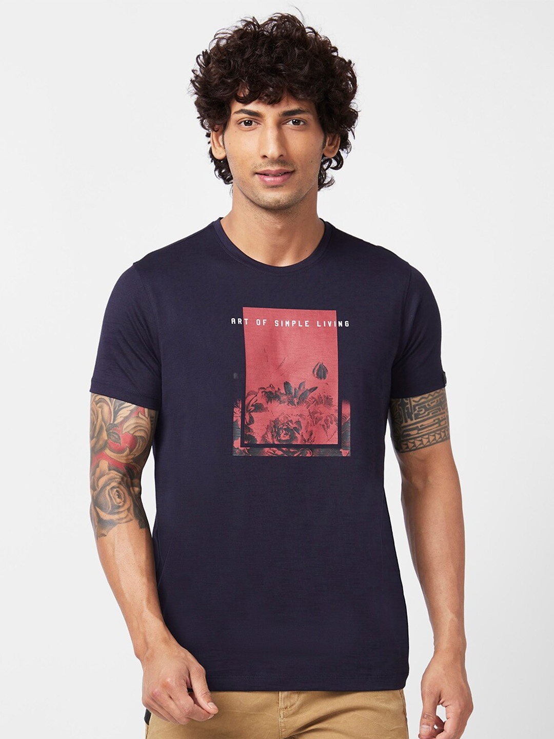 

SPYKAR Graphic Printed Slim Fit Cotton T-Shirt, Blue