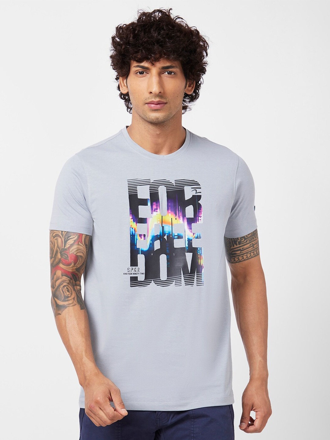 

SPYKAR Typographic Printed Slim Fit Cotton T-Shirt, Grey