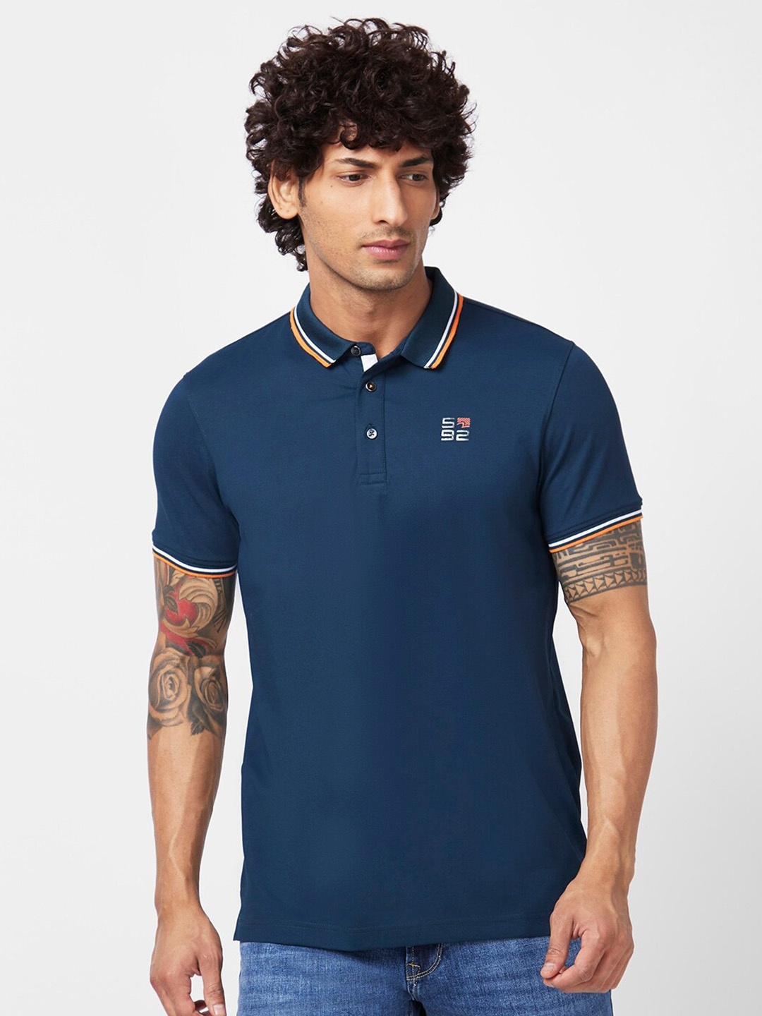 

SPYKAR Polo Collar Slim Fit Cotton T-Shirt, Blue