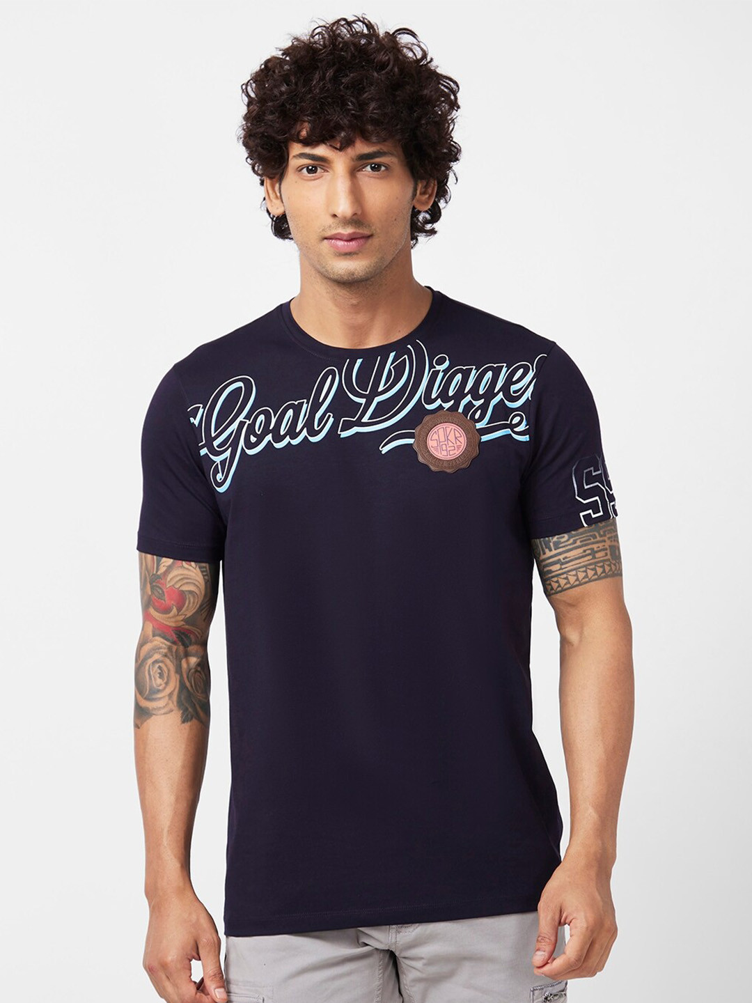 

SPYKAR Typography Printed Slim Fit Cotton T-Shirt, Blue