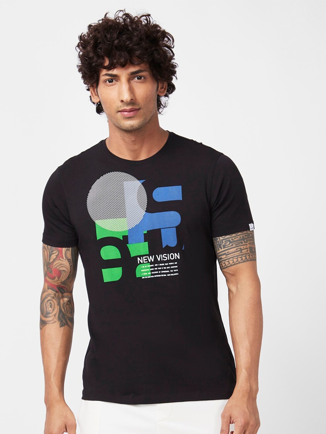 

SPYKAR Typography Printed Slim Fit Cotton T-Shirt, Black